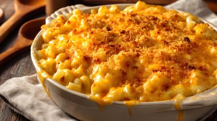 Golden baked macaroni and cheese bubbling with melted sharp cheddar cheese and toasted breadcrumbs in a ceramic casserole dish, steam rising subtly in warm afternoon light