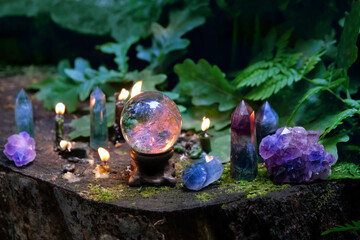 magic crystal ball, minerals and burning candles on tree stump in forest, natural dark background. wiccan witch altar. spiritual practice for meditation, relax. esoteric ritual with gemstones.