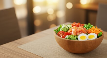 Fresh salad in a bowl on a table at a restaurant on a blurred background. Healthy salmon salad with cucumber, tomatoes, boiled egg. Food photography for healthy recipes, banner, menu