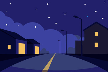 Fototapeta premium Serene Night Street Scene Houses, Stars, and Tranquil Nighttime Ambiance