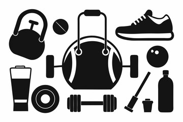 Fitness Equipment Icons: A Stylish Set of Gym and Workout Symbols for Branding and Design