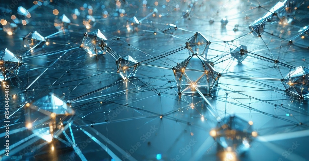Poster Abstract network visualization. Glowing lines connect crystalline structures. Futuristic digital concept, technology illustration. Bright illumination, dark background.