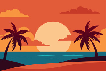 Sunset Paradise Tropical Beach Scene with Palm Trees Silhouetted Against a Vibrant Orange Sky