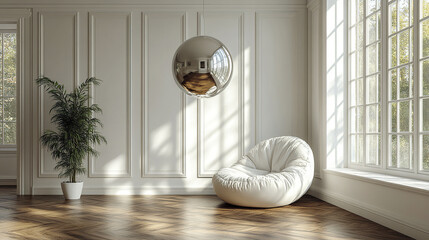 Stylish room with metallic pendant lamp and cozy bean bag chair, featuring natural light