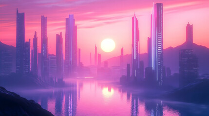 Futuristic cityscape at sunset with skyscrapers reflecting in water