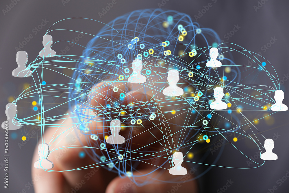 Poster Image depicting a global network, showcasing interconnected people and data points. Ideal for technology, communication, and networking concepts.