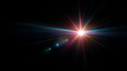 Fototapeta premium A bright starburst light with multicolor rays on a black background, creating a dramatic lens flare effect