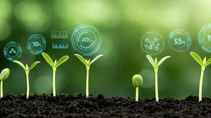 Green plant sprouts with digital interface overlay, smart agriculture concept - Powered by Adobe