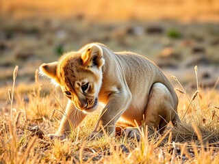 Young lion cub playing with dry grass in African savanna, soft golden lighting, wildlife baby animal scene, Ai Generate.