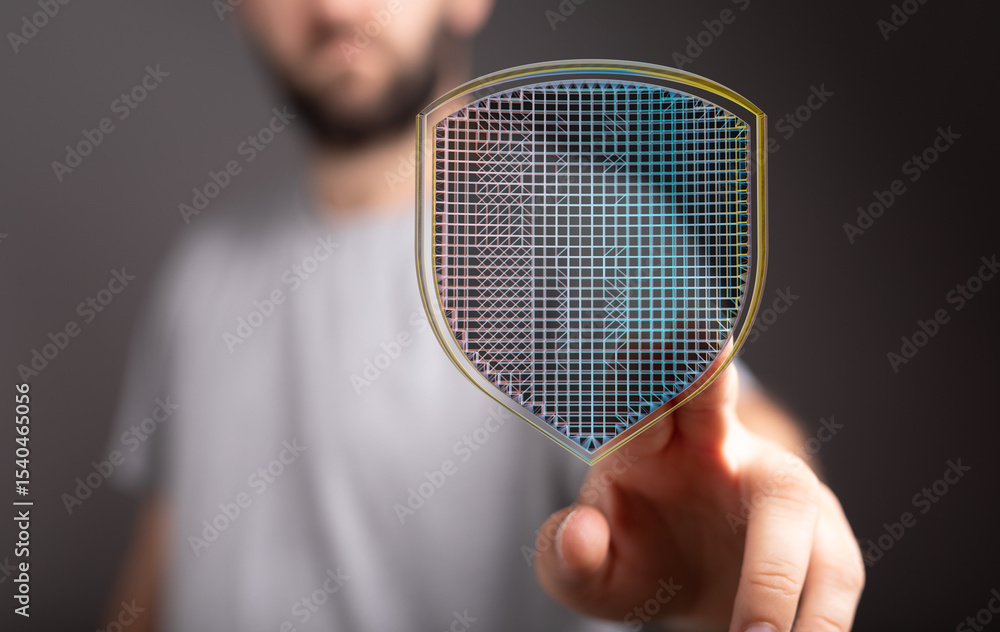 Poster Secure your data with advanced digital protection.  High-tech shield graphic.