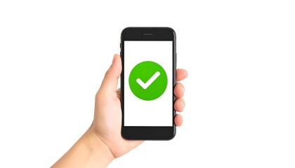 Hand holding phone with green checkmark.