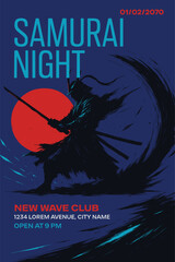 Samurai night poster with dark warrior silhouette holding katana in front of red moon on blue background for Japanese event or party promotion