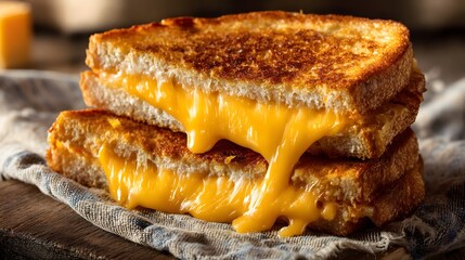 Golden grilled cheese sandwich with melted American cheese oozing from between toasted sourdough slices, close-up with soft natural light highlighting buttery crust and gooey cheese texture