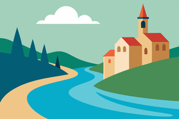 Naklejka premium Serene River Landscape Picturesque Village and Winding Waterways