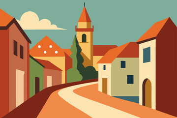 Naklejka premium Charming Vintage Village Street Scene Retro Architecture and Colorful Houses