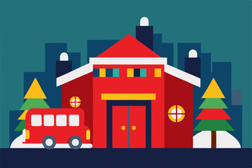 a fire station in the city with a decorated truck