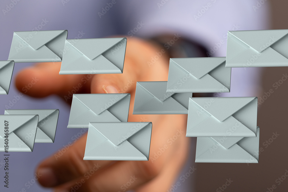 Poster abstract image of hand reaching for many digital email envelopes. perfect for communication, inbox, 