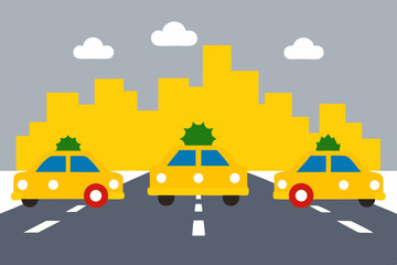 a foggy street lined with parked yellow cabs  