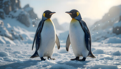 Fototapeta premium Two penguins standing side by side in a snowy landscape during daylight in a cold natural environment