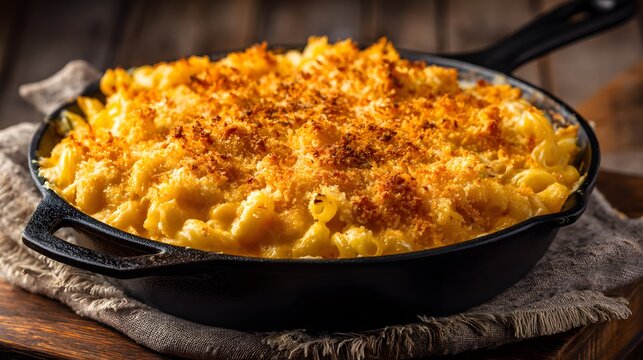 Golden mac and cheese casserole baked with crispy breadcrumb topping, steaming fresh from the oven in a cast-iron pan, placed on a wooden countertop with textured linen potholders