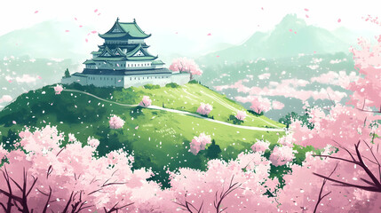 Cherry blossom surrounding historic japanese castle on a hill