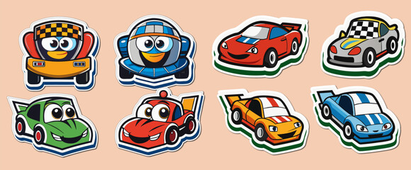 A big bundle of Cargo funny cars stickers vector collection for kids isolated on white background.	 