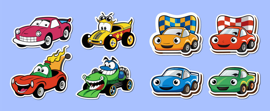 Naklejki A big bundle of Cargo funny cars stickers vector collection for kids isolated on white background.  