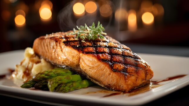 Grilled salmon fillet with caramelized grill marks, plated with asparagus spears and garlic mashed potatoes, backdropped by upscale dining room setting with warm bokeh lighting