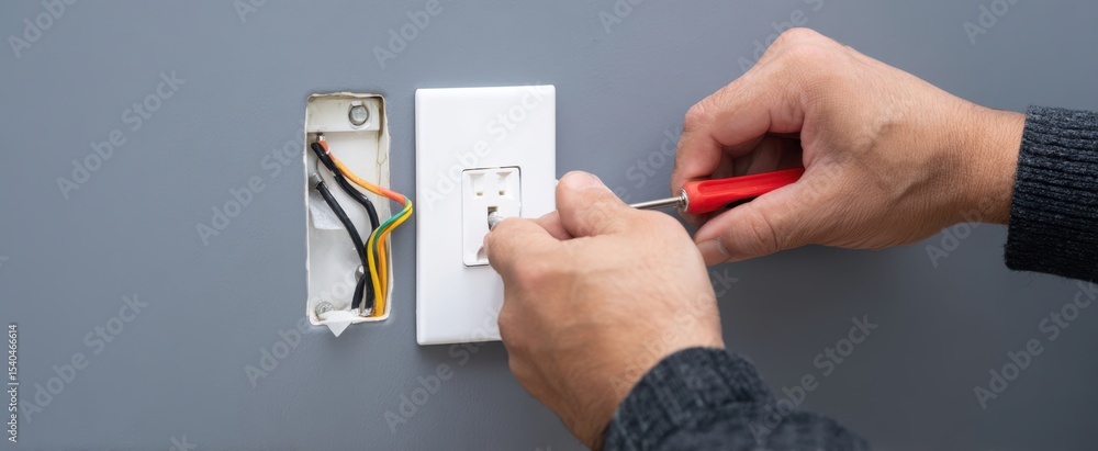 Poster the electrician working on a wall socket installation with tools and wires.