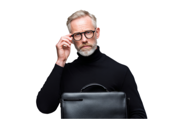A distinguished man dressed in a black turtleneck and glasses contemplates his next move while holding a sleek black briefcase against a plain background.