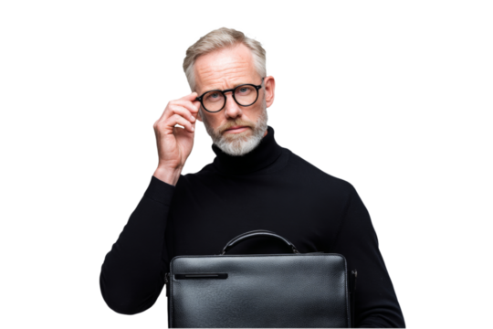 A distinguished man dressed in a black turtleneck and glasses contemplates his next move while holding a sleek black briefcase against a plain background.
