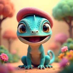 Vibrant Chameleon with Color-Shifting Beret in a Whimsical Jungle Setting