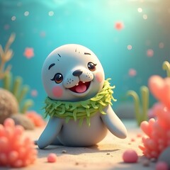 Gentle Manatee with Seaweed Scarf in a Peaceful Whimsical Ocean Scene