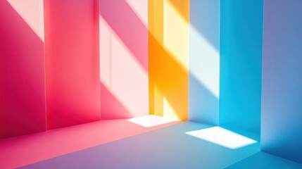 Colorful room with sunlight, vibrant interior, geometric shapes, pastel colors, bright, shadows, 