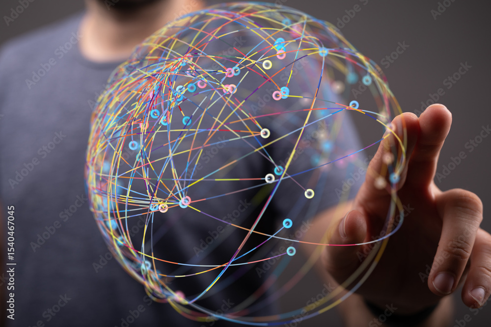 Poster Abstract image of a person interacting with a digital sphere representing global connections and networking.