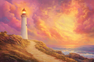 Dramatic sunset over lighthouse and ocean cliffs with colorful skies