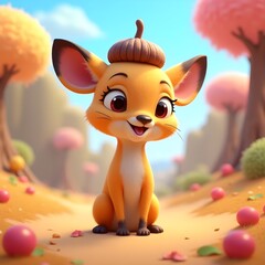 Tiny Dik-Dik with Acorn Cap Hat in a Whimsical Woodland Setting