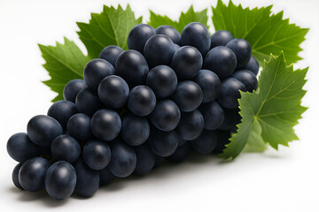 Fototapeta premium Fresh Black Grapes with Green Leaves on White Background