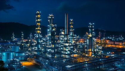 Fototapeta premium Oil and gas industrial refinery at night, Oil and gas refinery petrochemical plant pipeline steel, Oil and gas refinery factory oil and gas storage tank pipeline steel at night, Global energy refinery