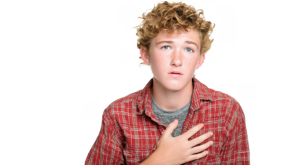 Portrait of worried teenager with curly red hair and freckles holding hand on his chest, having a heart attack or panic attack, isolated on transparent background