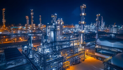 Oil and gas industrial refinery at night, Oil and gas refinery petrochemical plant pipeline steel, Oil and gas refinery factory oil and gas storage tank pipeline steel at night, Global energy refinery