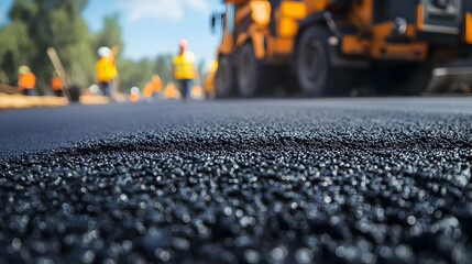 Close-up of fresh asphalt with construction crew and machinery in background