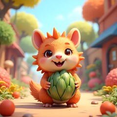 Happy Pangolin Character Holding an Artichoke Shield in a Fantasy Scene