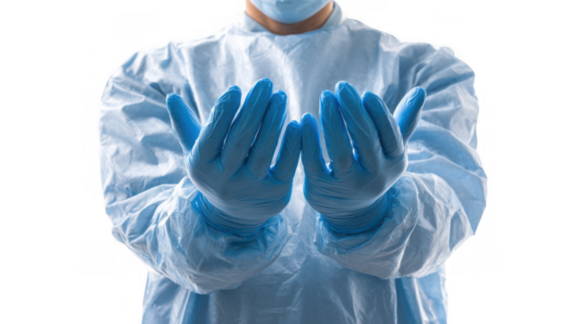 Surgeon wearing surgical gown and mask snapping sterile gloves before surgery preparing for operation in operating room with transparent background