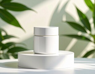 white cosmetic container with green leaf