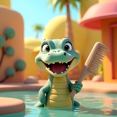 Smiling Gharial Character Holding a Tooth-Shaped Comb in Fantasy Jungle