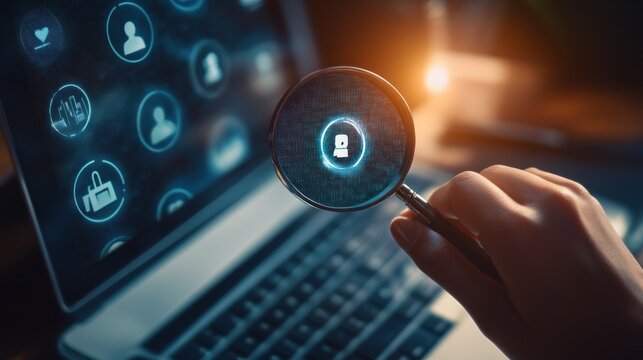 Hand holding magnifying glass over a laptop screen displaying digital user interface icons.