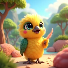 Whimsical Kakapo Character Holding Feather Quill in Fantasy Jungle