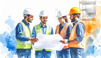 Construction safety teamwork professionals concept. Construction team discussing plans with blueprints in hand.