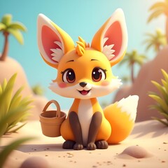 Adorable 3D Fennec Fox Holding a Sandcastle Bucket in a Dreamlike Setting